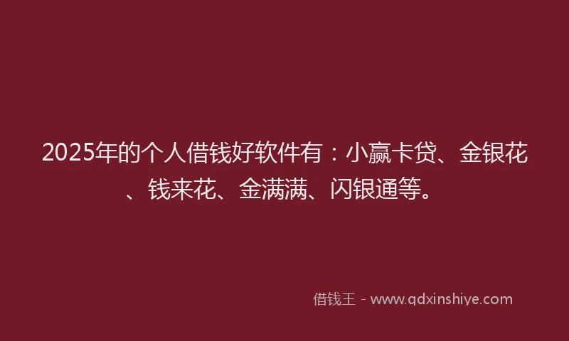 2025年的个人借钱好软件有：小赢卡贷、金银花、钱来花、金满满、闪银通等。