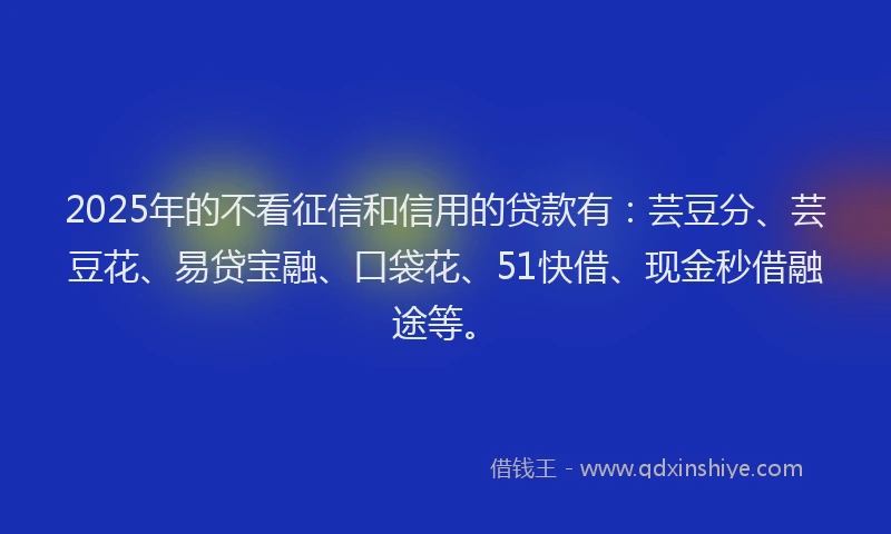 2025年的不看征信和信用的贷款有：芸豆分、芸豆花、易贷宝融、口袋花、51快借、现金秒借融途等。