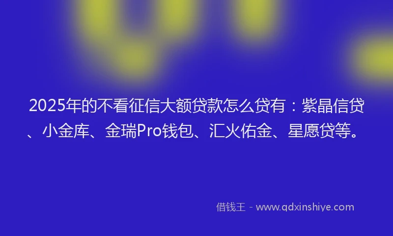 2025年的不看征信大额贷款怎么贷有：紫晶信贷、小金库、金瑞Pro钱包、汇火佑金、星愿贷等。