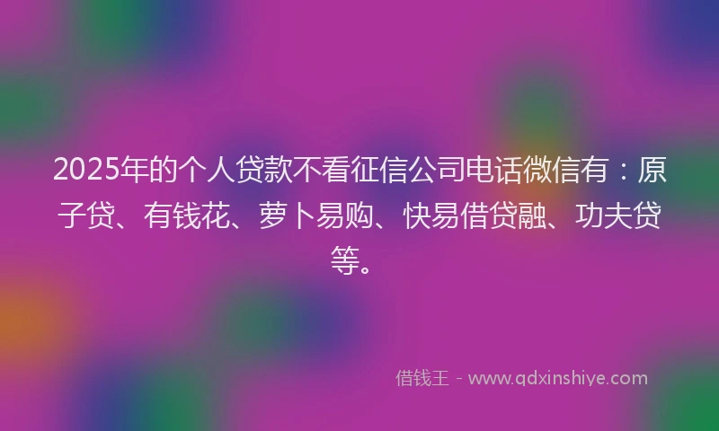 2025年的个人贷款不看征信公司电话微信有：原子贷、有钱花、萝卜易购、快易借贷融、功夫贷等。