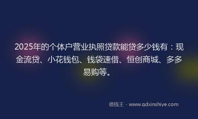 2025年的个体户营业执照贷款能贷多少钱有:现金流贷、小花钱包、钱袋速借、恒创商城、多多易购等。