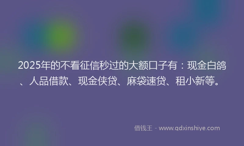 2025年的不看征信秒过的大额口子有：现金白鸽、人品借款、现金侠贷、麻袋速贷、租小新等。