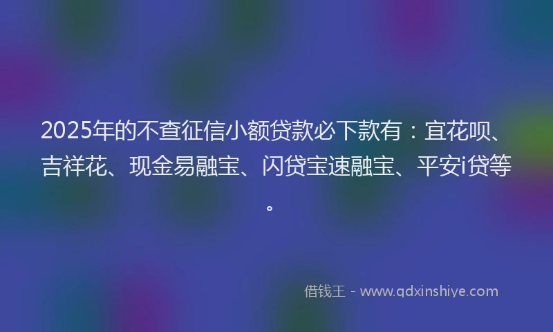 2025年的不查征信小额贷款必下款有：宜花呗、吉祥花、现金易融宝、闪贷宝速融宝、平安i贷等。
