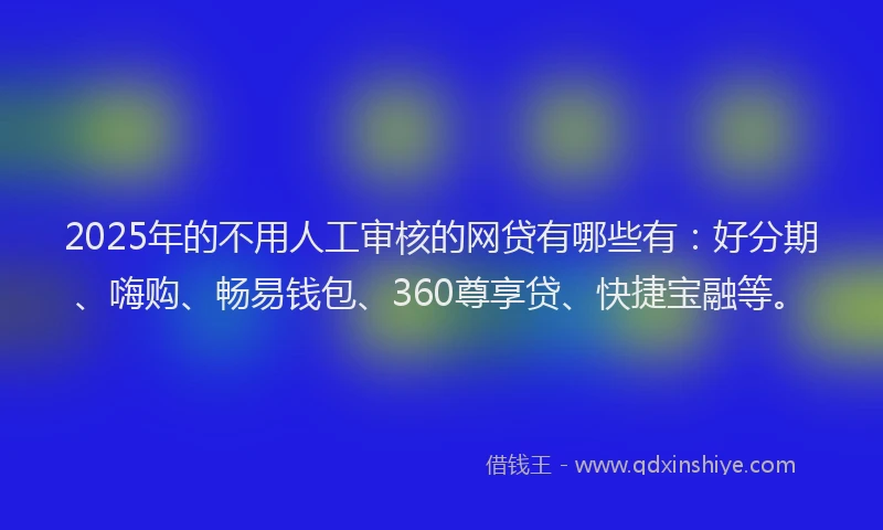 2025年的不用人工审核的网贷有哪些有：好分期、嗨购、畅易钱包、360尊享贷、快捷宝融等。