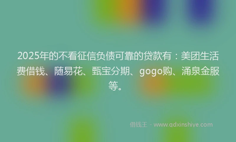 2025年的不看征信负债可靠的贷款有：美团生活费借钱、随易花、甄宝分期、gogo购、涌泉金服等。