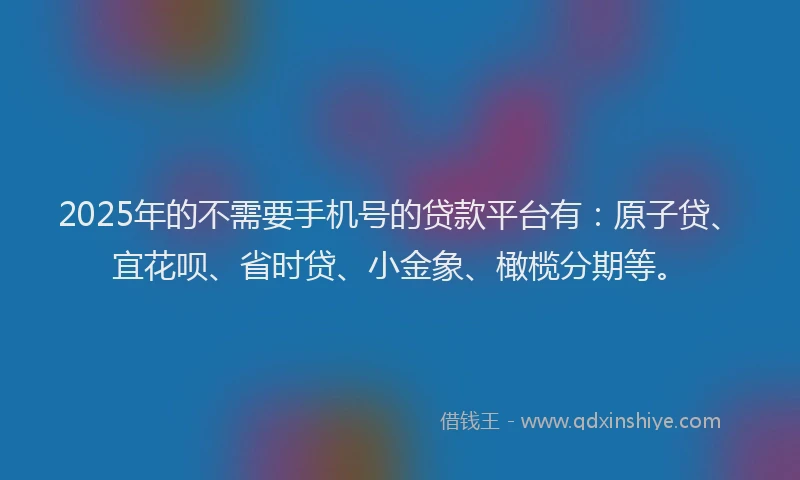 2025年的不需要手机号的贷款平台有：原子贷、宜花呗、省时贷、小金象、橄榄分期等。