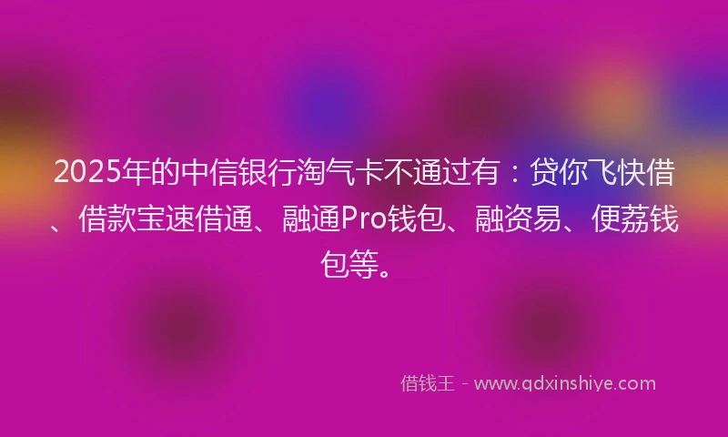 2025年的中信银行淘气卡不通过有：贷你飞快借、借款宝速借通、融通Pro钱包、融资易、便荔钱包等。