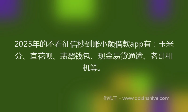 2025年的不看征信秒到账小额借款app有：玉米分、宜花呗、翡翠钱包、现金易贷通途、老哥租机等。