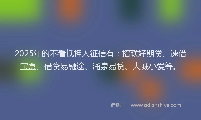 2025年的不看抵押人征信有：招联好期贷、速借宝盒、借贷易融途、涌泉易贷、大城小爱等。