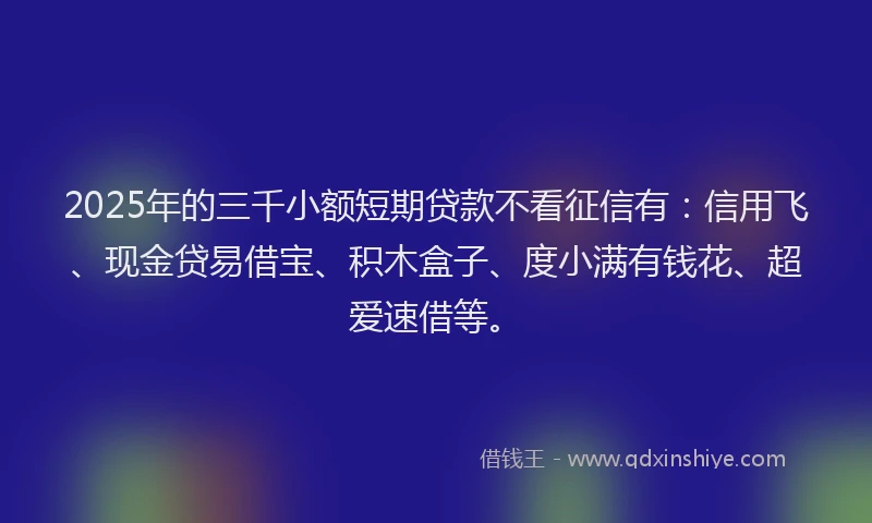 2025年的三千小额短期贷款不看征信有：信用飞、现金贷易借宝、积木盒子、度小满有钱花、超爱速借等。