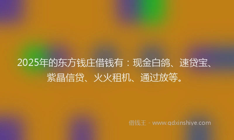 2025年的东方钱庄借钱有：现金白鸽、速贷宝、紫晶信贷、火火租机、通过放等。