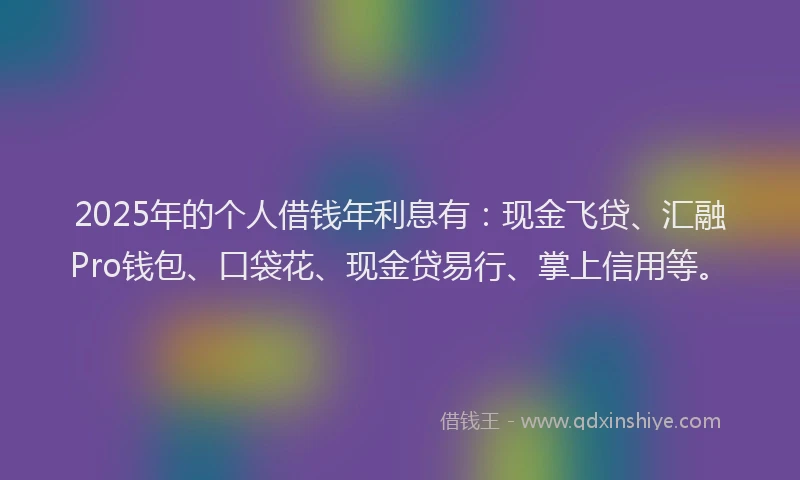 2025年的个人借钱年利息有：现金飞贷、汇融Pro钱包、口袋花、现金贷易行、掌上信用等。