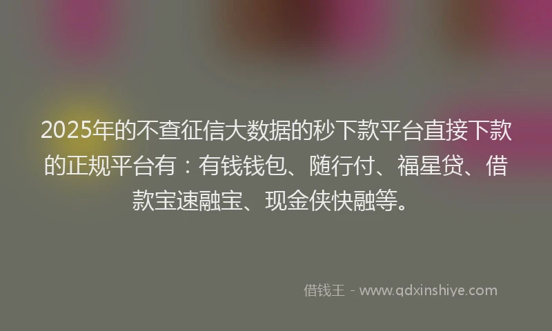 2025年的不查征信大数据的秒下款平台直接下款的正规平台有：有钱钱包、随行付、福星贷、借款宝速融宝、现金侠快融等。