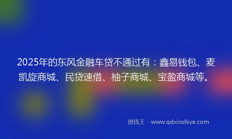 2025年的东风金融车贷不通过有：鑫易钱包、麦凯旋商城、民贷速借、柚子商城、宝盈商城等。