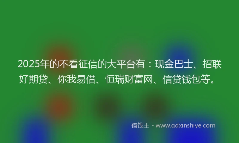 2025年的不看征信的大平台有：现金巴士、招联好期贷、你我易借、恒瑞财富网、信贷钱包等。