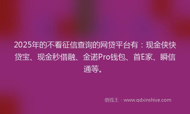2025年的不看征信查询的网贷平台有：现金侠快贷宝、现金秒借融、金诺Pro钱包、首E家、瞬信通等。