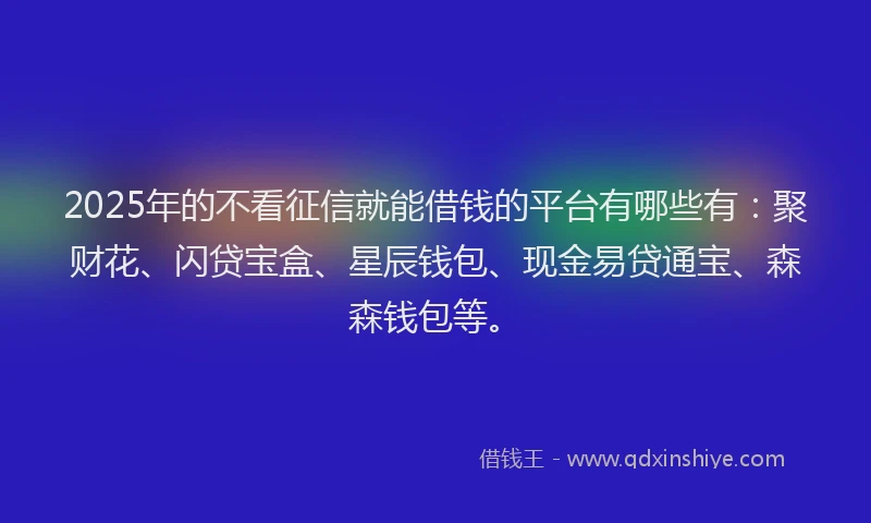 2025年的不看征信就能借钱的平台有哪些有：聚财花、闪贷宝盒、星辰钱包、现金易贷通宝、森森钱包等。