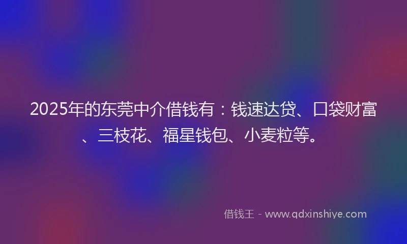 2025年的东莞中介借钱有:钱速达贷、口袋财富、三枝花、福星钱包、小麦粒等。