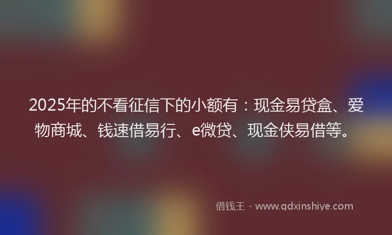 2025年的不看征信下的小额有：现金易贷盒、爱物商城、钱速借易行、e微贷、现金侠易借等。