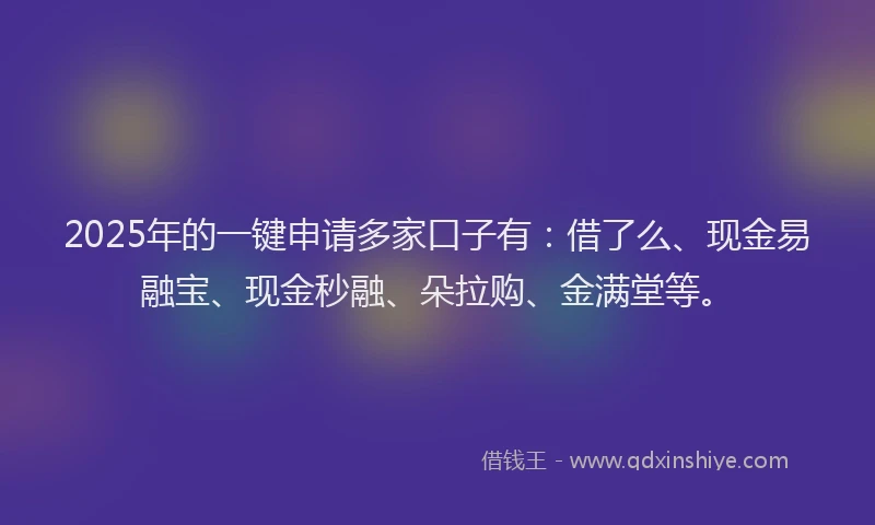 2025年的一键申请多家口子有：借了么、现金易融宝、现金秒融、朵拉购、金满堂等。