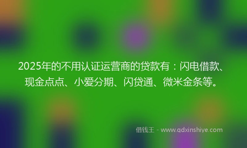 2025年的不用认证运营商的贷款有：闪电借款、现金点点、小爱分期、闪贷通、微米金条等。