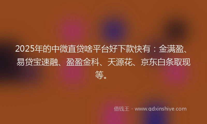 2025年的中微直贷啥平台好下款快有：金满盈、易贷宝速融、盈盈金科、天源花、京东白条取现等。