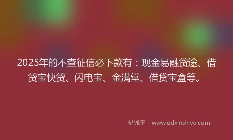 2025年的不查征信必下款有：现金易融贷途、借贷宝快贷、闪电宝、金满堂、借贷宝盒等。
