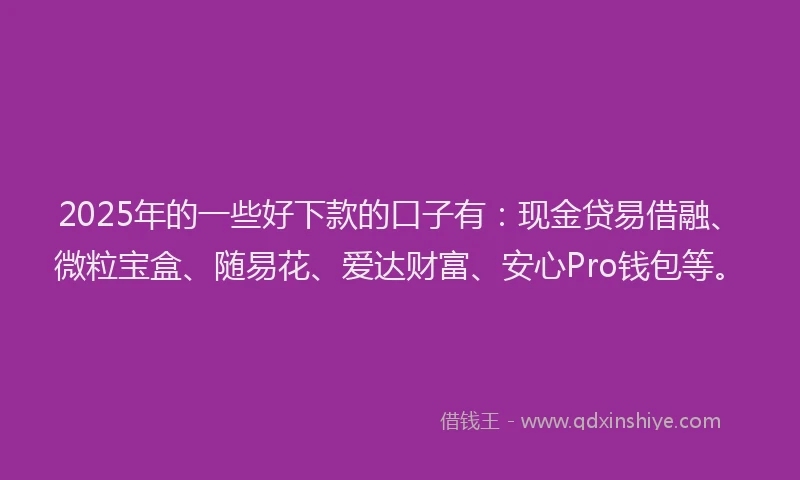 2025年的一些好下款的口子有：现金贷易借融、微粒宝盒、随易花、爱达财富、安心Pro钱包等。