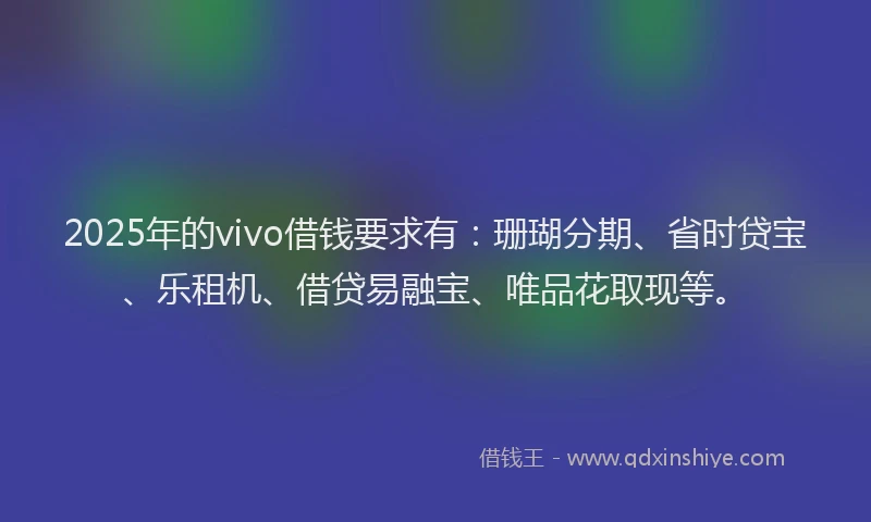 2025年的vivo借钱要求有：珊瑚分期、省时贷宝、乐租机、借贷易融宝、唯品花取现等。