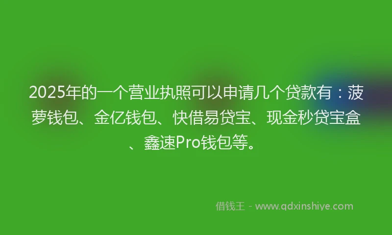2025年的一个营业执照可以申请几个贷款有：菠萝钱包、金亿钱包、快借易贷宝、现金秒贷宝盒、鑫速Pro钱包等。