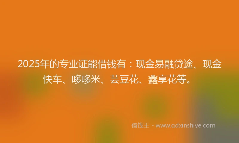 2025年的专业证能借钱有：现金易融贷途、现金快车、哆哆米、芸豆花、鑫享花等。