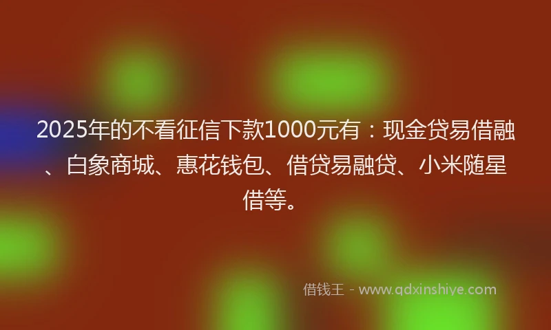 2025年的不看征信下款1000元有：现金贷易借融、白象商城、惠花钱包、借贷易融贷、小米随星借等。