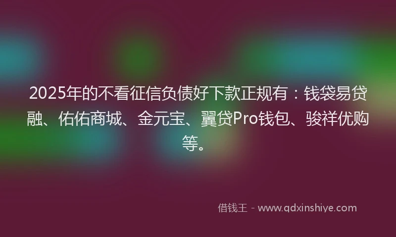 2025年的不看征信负债好下款正规有:钱袋易贷融、佑佑商城、金元宝、翼贷Pro钱包、骏祥优购等。