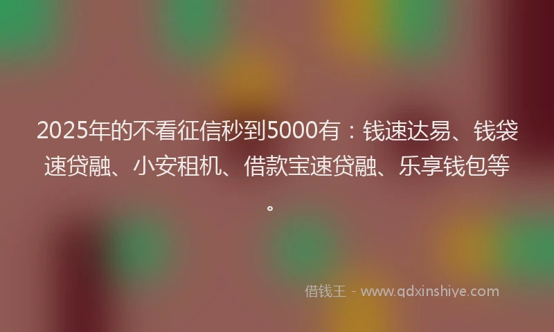 2025年的不看征信秒到5000有：钱速达易、钱袋速贷融、小安租机、借款宝速贷融、乐享钱包等。