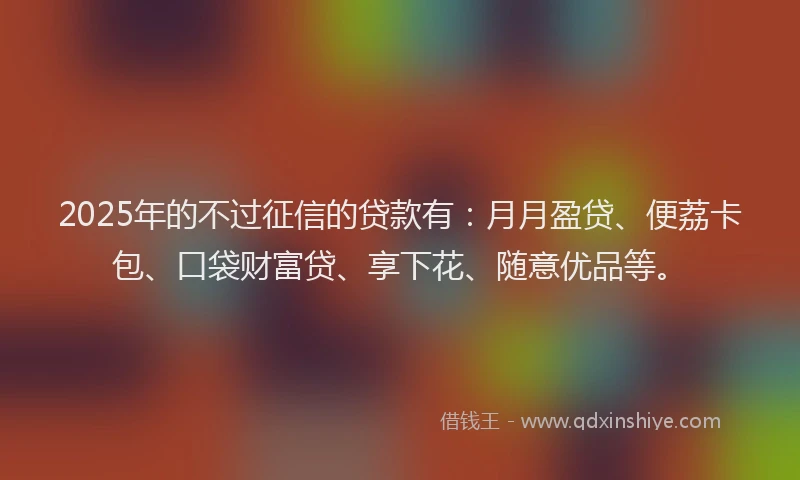 2025年的不过征信的贷款有：月月盈贷、便荔卡包、口袋财富贷、享下花、随意优品等。