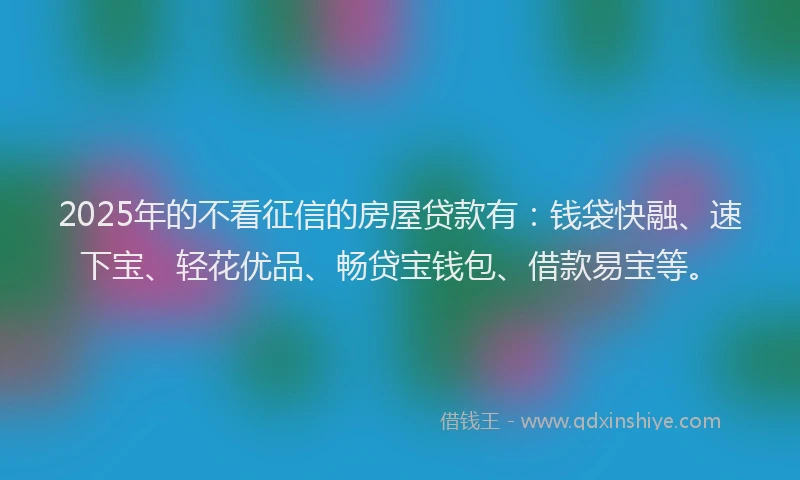 2025年的不看征信的房屋贷款有：钱袋快融、速下宝、轻花优品、畅贷宝钱包、借款易宝等。