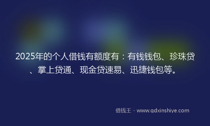 2025年的个人借钱有额度有：有钱钱包、珍珠贷、掌上贷通、现金贷速易、迅捷钱包等。