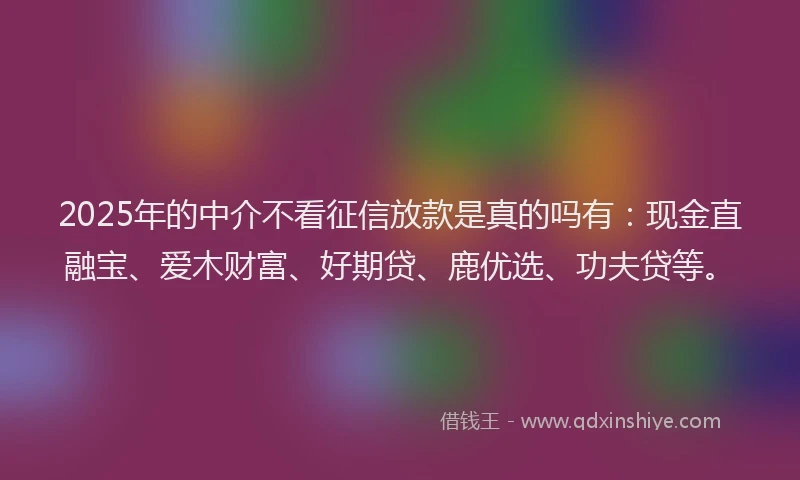 2025年的中介不看征信放款是真的吗有：现金直融宝、爱木财富、好期贷、鹿优选、功夫贷等。