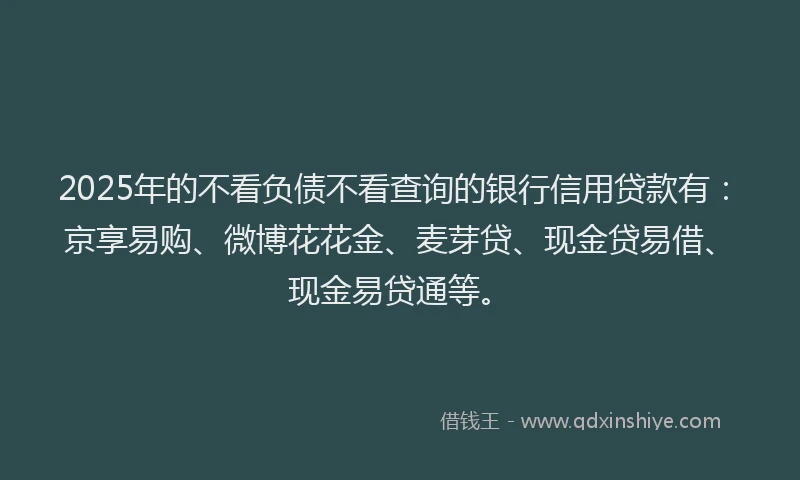 2025年的不看负债不看查询的银行信用贷款有：京享易购、微博花花金、麦芽贷、现金贷易借、现金易贷通等。