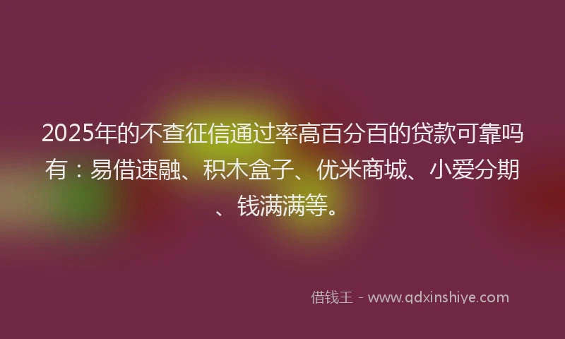 2025年的不查征信通过率高百分百的贷款可靠吗有：易借速融、积木盒子、优米商城、小爱分期、钱满满等。