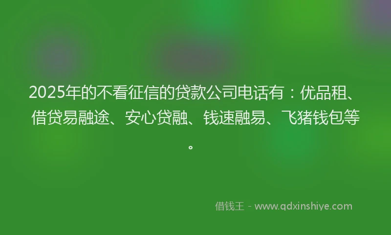 2025年的不看征信的贷款公司电话有：优品租、借贷易融途、安心贷融、钱速融易、飞猪钱包等。