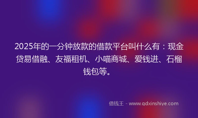 2025年的一分钟放款的借款平台叫什么有：现金贷易借融、友福租机、小喵商城、爱钱进、石榴钱包等。