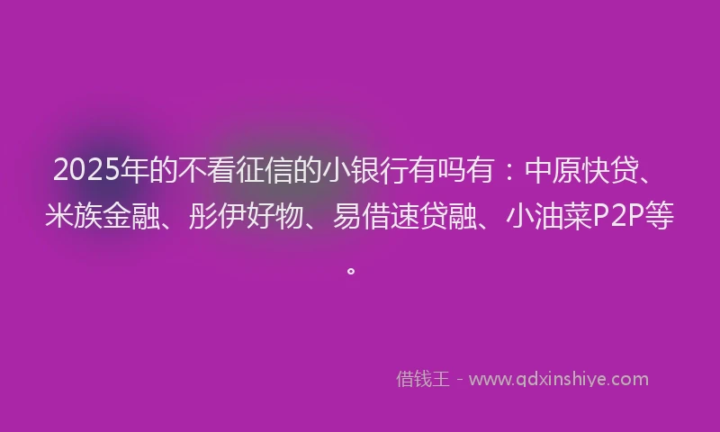2025年的不看征信的小银行有吗有：中原快贷、米族金融、彤伊好物、易借速贷融、小油菜P2P等。