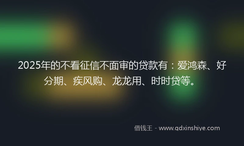 2025年的不看征信不面审的贷款有：爱鸿森、好分期、疾风购、龙龙用、时时贷等。