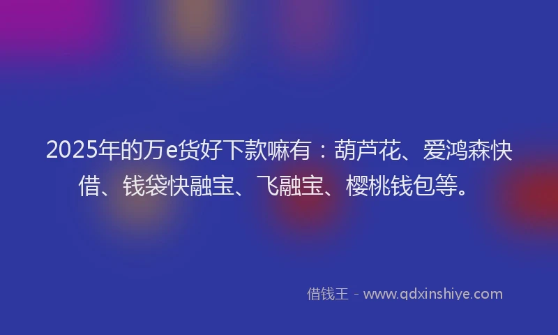 2025年的万e货好下款嘛有：葫芦花、爱鸿森快借、钱袋快融宝、飞融宝、樱桃钱包等。
