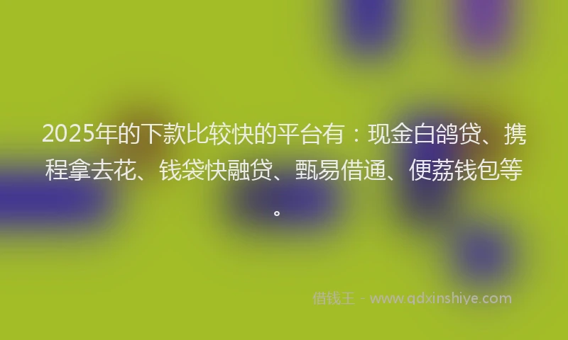 2025年的下款比较快的平台有：现金白鸽贷、携程拿去花、钱袋快融贷、甄易借通、便荔钱包等。