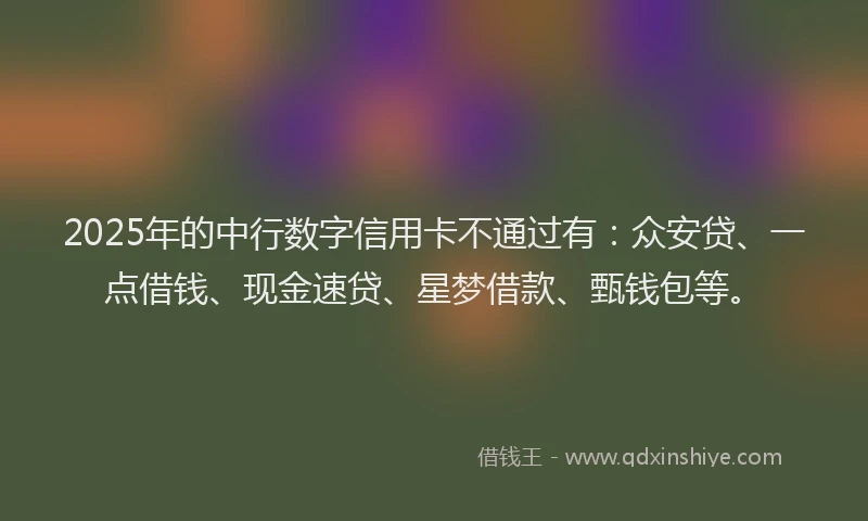 2025年的中行数字信用卡不通过有：众安贷、一点借钱、现金速贷、星梦借款、甄钱包等。