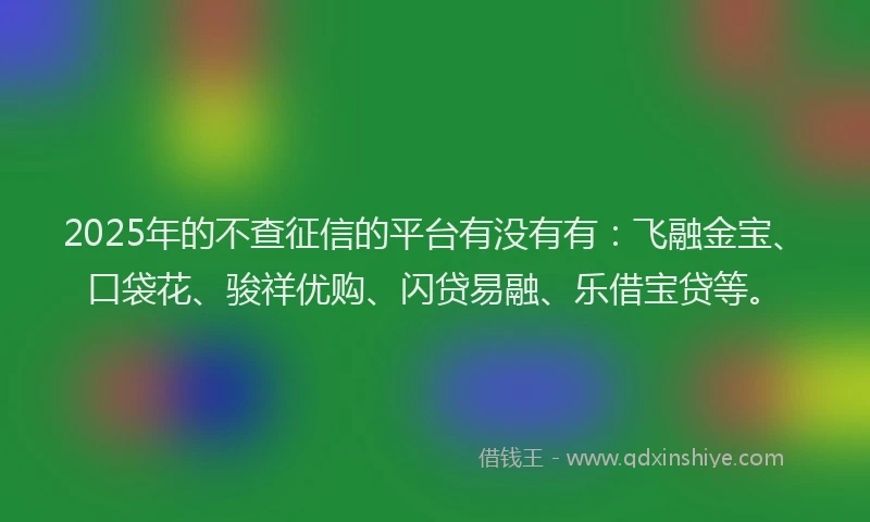 2025年的不查征信的平台有没有有：飞融金宝、口袋花、骏祥优购、闪贷易融、乐借宝贷等。