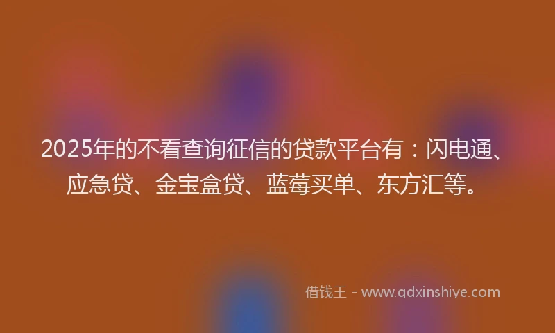 2025年的不看查询征信的贷款平台有：闪电通、应急贷、金宝盒贷、蓝莓买单、东方汇等。