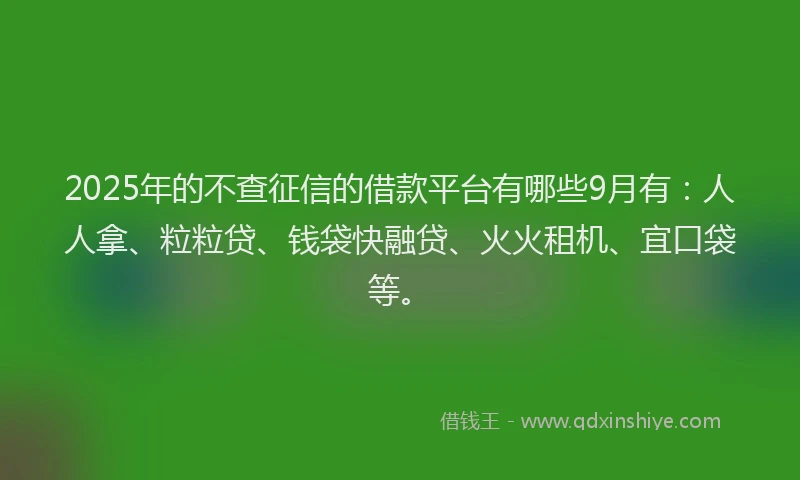 2025年的不查征信的借款平台有哪些9月有：人人拿、粒粒贷、钱袋快融贷、火火租机、宜口袋等。